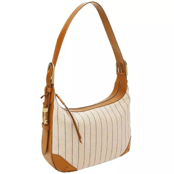 Fossil Handbags - FOSSIL Tan W/ Blue Stripes HANNAH HOBO Canvas & Leather Shoulder Bag